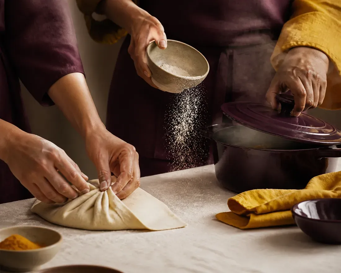 Trois mains en action sur un plan de travail : pliage de pâte, farine versée, couvercle soulevé